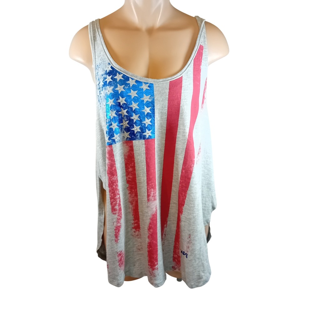 NWT Guess Tank Top American Flag Distressed Sequin Look Indie Boho Festival XL